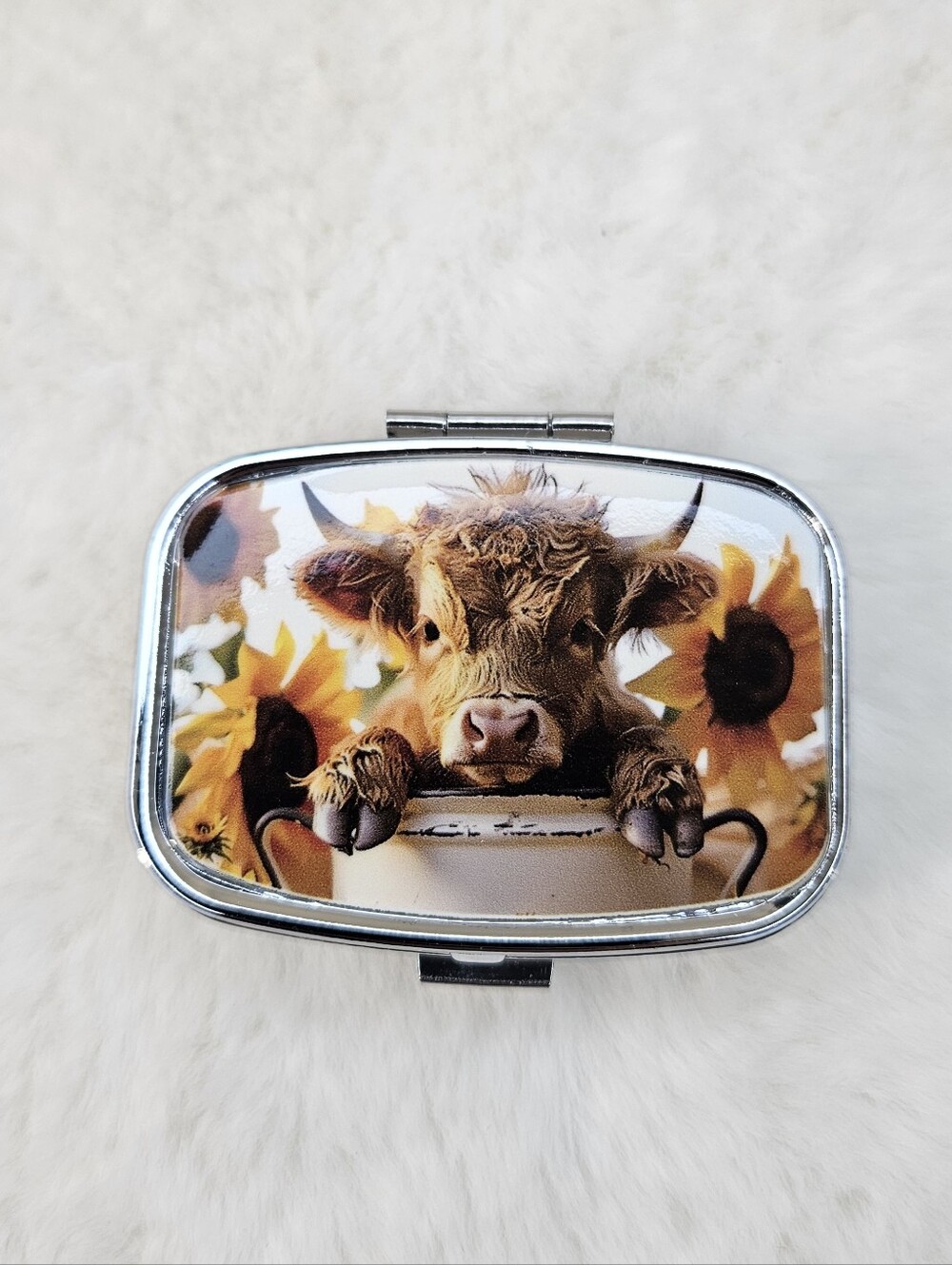Sunflower And Highland Cow Compact Mirror/Pill Case